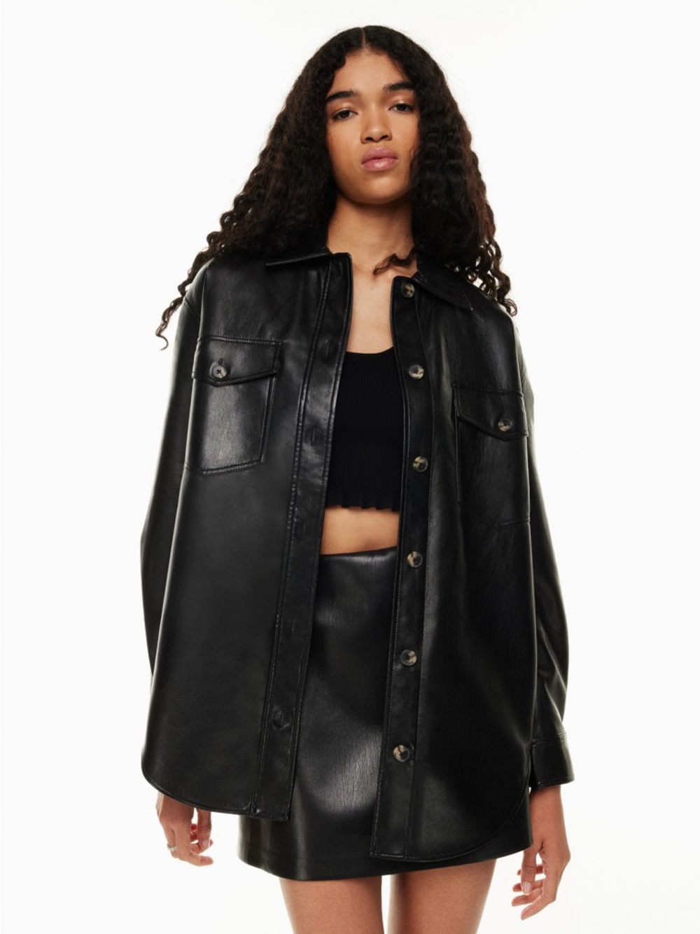 Wilfred The Ganna™ Shirt Jacket Black Size XS Faux Leather Vegan Raw Hem Aritzia